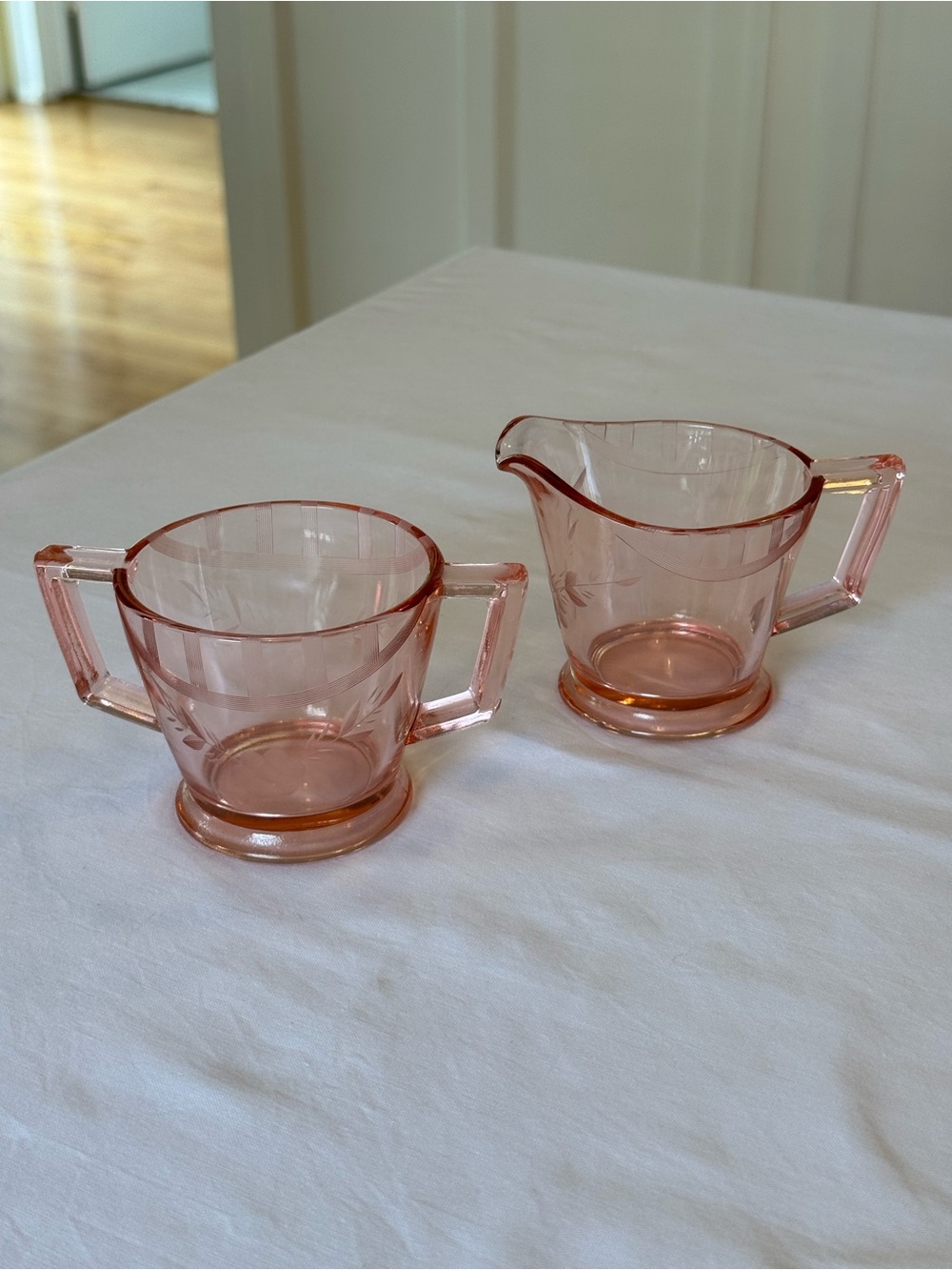 🌸 Pink Depression Glass Creamer & Sugar Set Art Deco Etched | Vintage